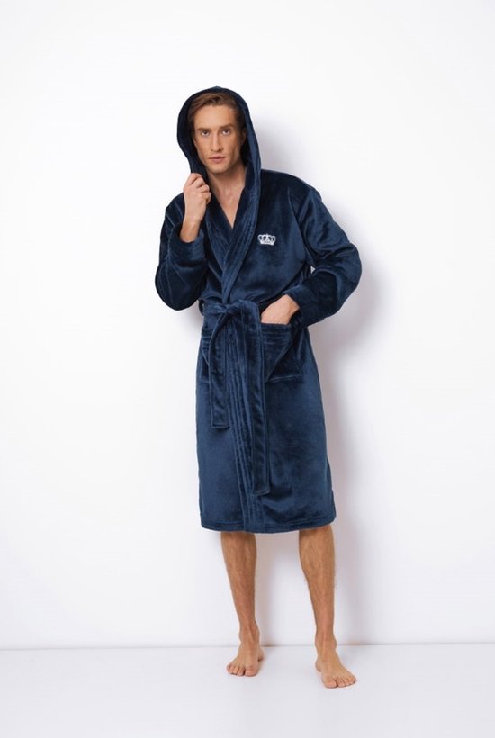 Blauwe herenbadjas met kroonborduring borst - capuchon - fleece-l