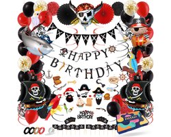 Fissaly® Piraten Feestartikelen Verjaardag Decoratie Feest Set – Piratenfeest Versieringen - Kinderfeestje Jongen & Meisje – Incl. Ballonnen, Piratenschip, Slingers, Verkleedkleren, Tattoos & Accessoires