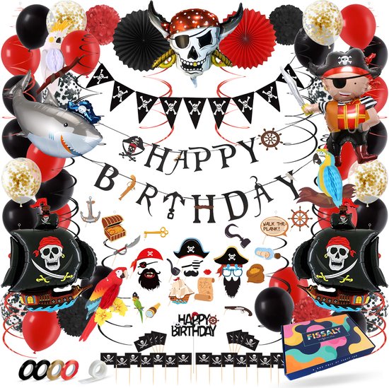 Fissaly® Piraten Feestartikelen Verjaardag Decoratie Feest Set – Piratenfeest Versieringen - Kinderfeestje Jongen & Meisje – Incl. Ballonnen, Piratenschip, Slingers, Verkleedkleren, Tattoos & Accessoires