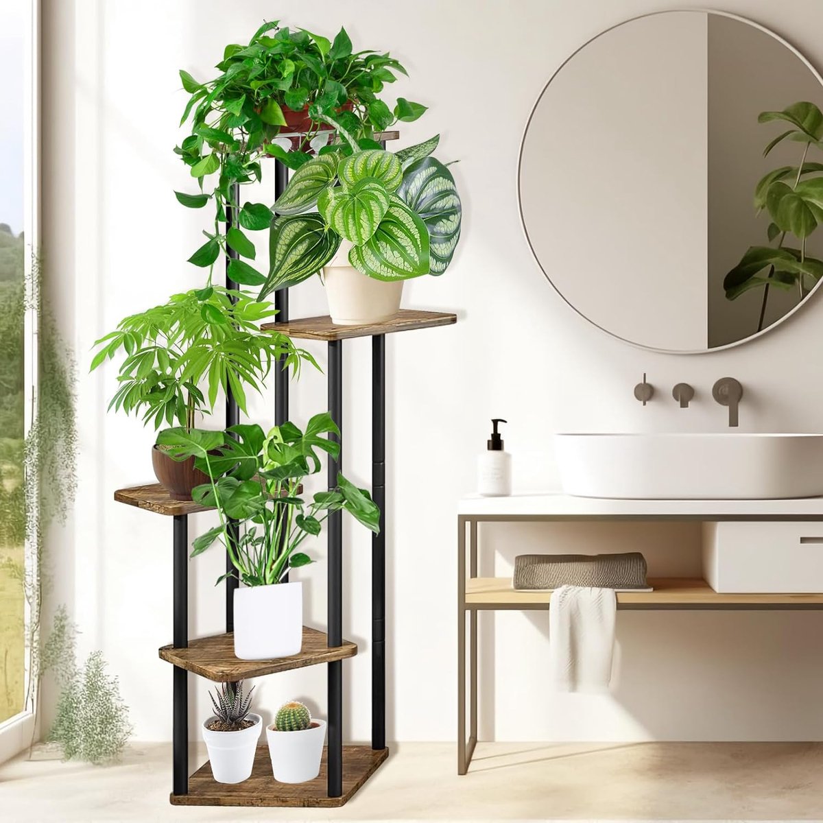 5-laags houten bloemenstandaard plantenstandaard bloemenbank bloementrap plantentrap staand rek voor binnen tuin balkon decoratie (5-delig zwart)