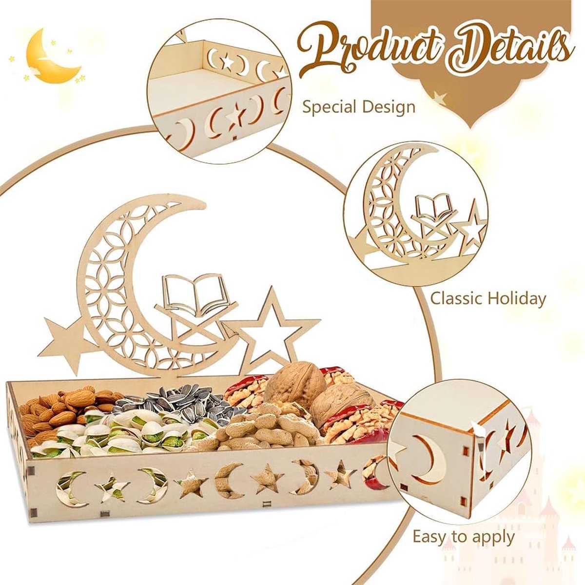 Ramadan-dienblad, houten maan en ster, gebak, dienblad, Eid Mubarak, tafeldecoratie, bord, keuken, fruit, snack, dienblad, eten serveren, Eid Mubarak-borden voor eten, fruit, snack, desserthouder (2