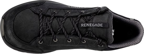 Bovenaanzicht van een zwarte wandelschoen met veters. 'RENEGADE' logo op de tong.