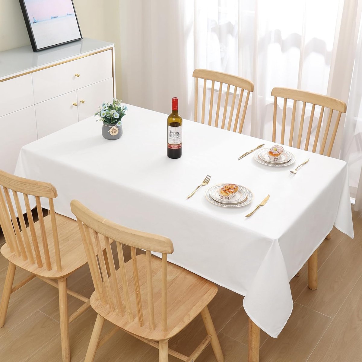 Tafelkleed met linnenlook, afwasbaar, lotuseffect, rechthoekig, 140 x 240 cm, tafelzeil, waterafstotend, tafellinnen, vlekbescherming, wit