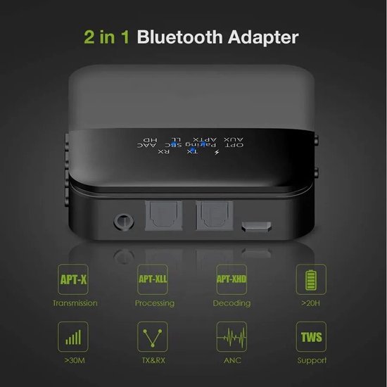 Bluetoolz® - BT-B 20 CE - Geen tot zeer geringe vertraging - High Res Audio Bluetooth 5.0 zender en ontvanger - met aptX-HD - Qualcomm CSR8675 MkII - Receiver Transmitter - 3.5MM Aux - optical in - optical uit - Bluetooth Adapter - Bluetooth via Aux van Bluetoolz — afbeelding 3