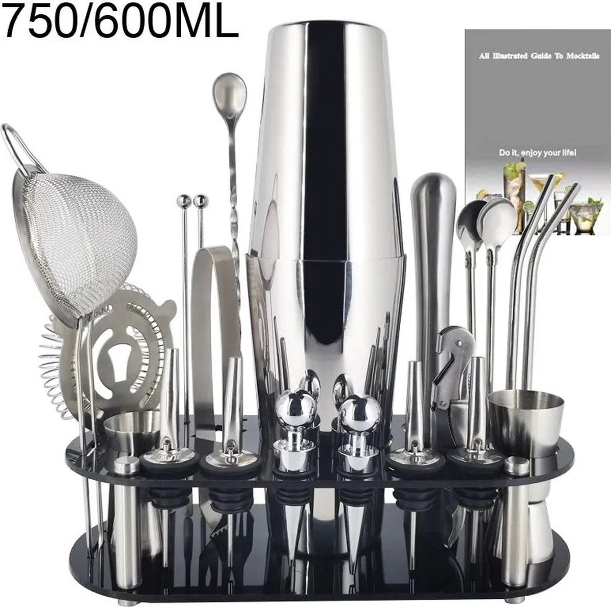 TX Store - Cocktail shaker - Set 22 pc - Wijn Mixer - Met houder - Shakerset - Cocktail shakerset - Zilver