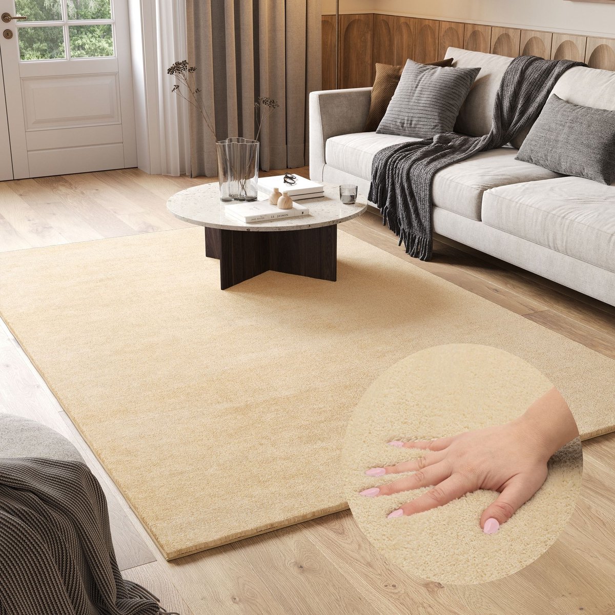 Tapiso Cuddle Vloerkleed Hoogpolig Beige Antislip Woonkamer Tapijt Maat- 160x220