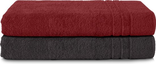 Komfortec Set de 2 Handdoeken 80 x 200 cm, 100 % Katoen, serviettes de sauna XXL , serviette de sauna douce, grand tissu éponge, séchage rapide, noir et rouge