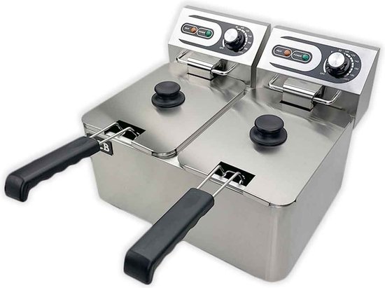 HCB® - Professionele Horeca frituurpan - Dubbele friteuse - 2 x 4 liter - 2 x 230V - RVS / INOX frietketel - 38.5x45x31.5 cm (DxBxH) - 5000W - 2584