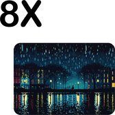 BWK Stevige Placemat - Regenachtige Nacht - Skyline - Illustratie - Set van 8 Placemats - 40x30 cm - 1 mm dik Polystyreen - Afneembaar