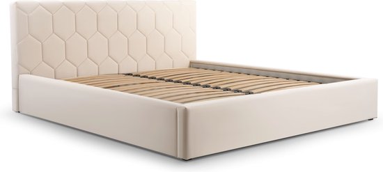 Tweepersoonsbed met fluwelen bekleding, met hoofdeinde, lattenbodem, bed voor volwassenen - BETT 02 - 160x200 - Licht beige (TRINITY 1)