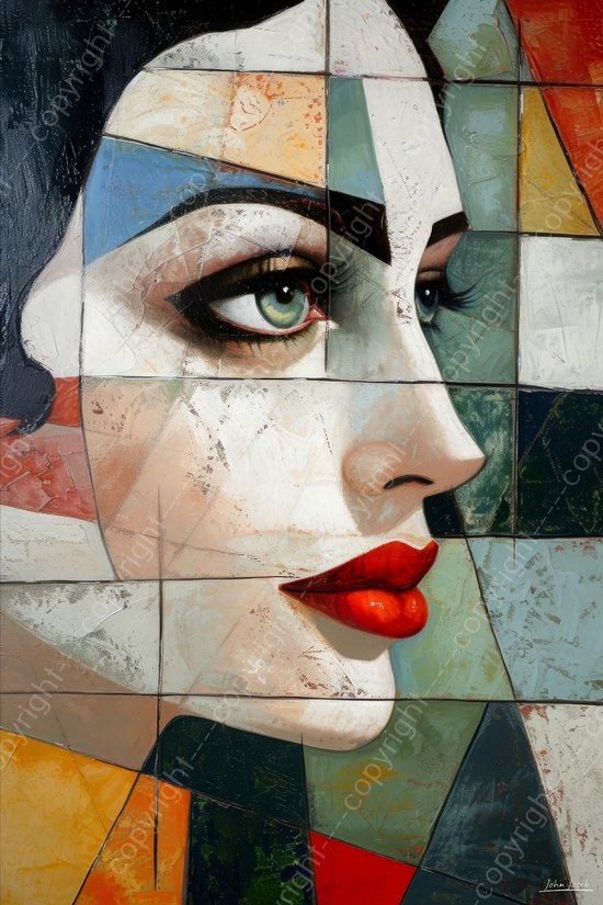 JJ-Art (Canvas) 60x40 | Vrouw, gezicht, kubisme, abstract, kleurrijk, kunst | mens, lippen rood, ogen groen, wit, bruin, blauw, modern | Foto-Schilderij canvas print (wanddecoratie)