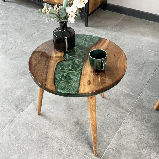 Table basse - Table d'appoint Ronde - Table d'appoint Epoxy - Epoxy - Table d'appoint Bois - Bois de Noyer - Green River
