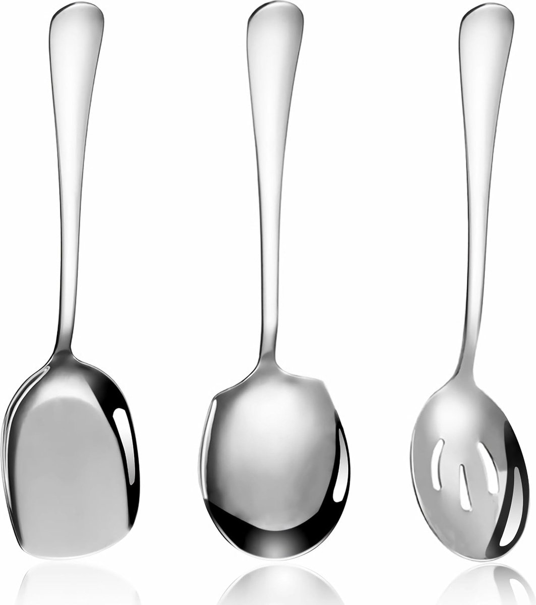 3-delige serveerlepels groot, metalen roestvrijstalen opscheplepel, lepelset met lange steel, buffetserveerbestek met schop, rond gevormd, spiegelglans serveerbestek voor banket, 22 cm / 8,7 inch