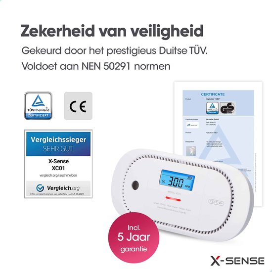 Koolmonoxidemelder met LCD display met 300 PPM. Naast het apparaat een TÜV certificaat, CE-markering en een rapport van 'Vergleich.org SEHR GUT'.