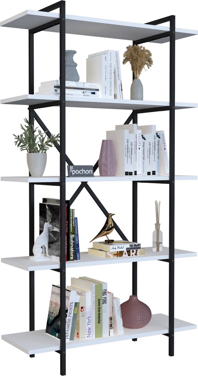 Pochon - Boekenkast Theos - Wit - 30x90x160 - Boekenrek - Kast - Opbergkast - Industrieel
