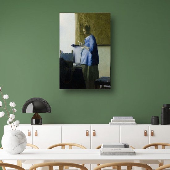 Femme en bleu lisant une lettre - Tableau Johannes Vermeer - Tableau femme - Peintures toile Maîtres anciens - Décoration murale industrielle - Toile cuisine - Décoration murale chambre 75x100 cm