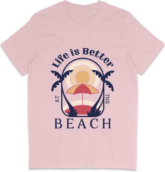 T Shirt Heren Dames - Zomer Ontwerp: Life Is Better At The Beach - Roze - L