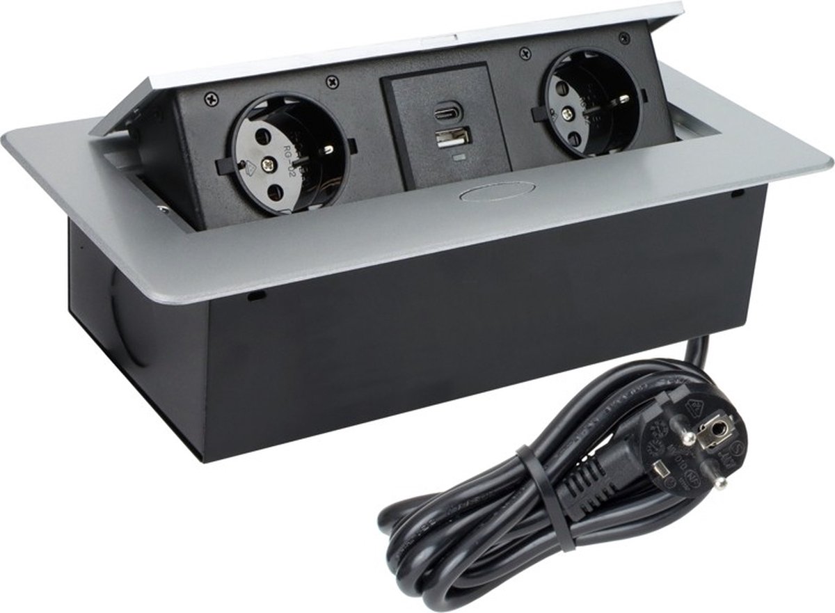 Design Light Kombibox - Stekkerdoos - 2 stopcontacten - USB A en USB C - Inbouw Stekkerblok met 1.5 meter kabel - Zilver