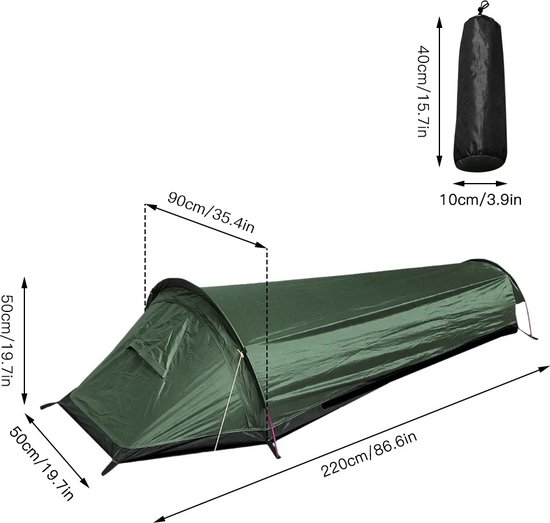 Eenpersoons Tent 220x90cm - Survival Tent Army Green - Inclusief Draagtas - Groene Ultralichte & Compacte Outdoor Tent Voor 1 Persoon - Camping - Waterbestendig Oxford Doek - Slaapzak — afbeelding 3