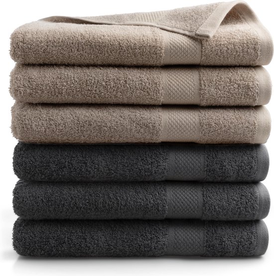 DoubleDry Serviettes Hotel Collection - 70x140 cm - lot de 6 - 3x taupe & 3x anthracite