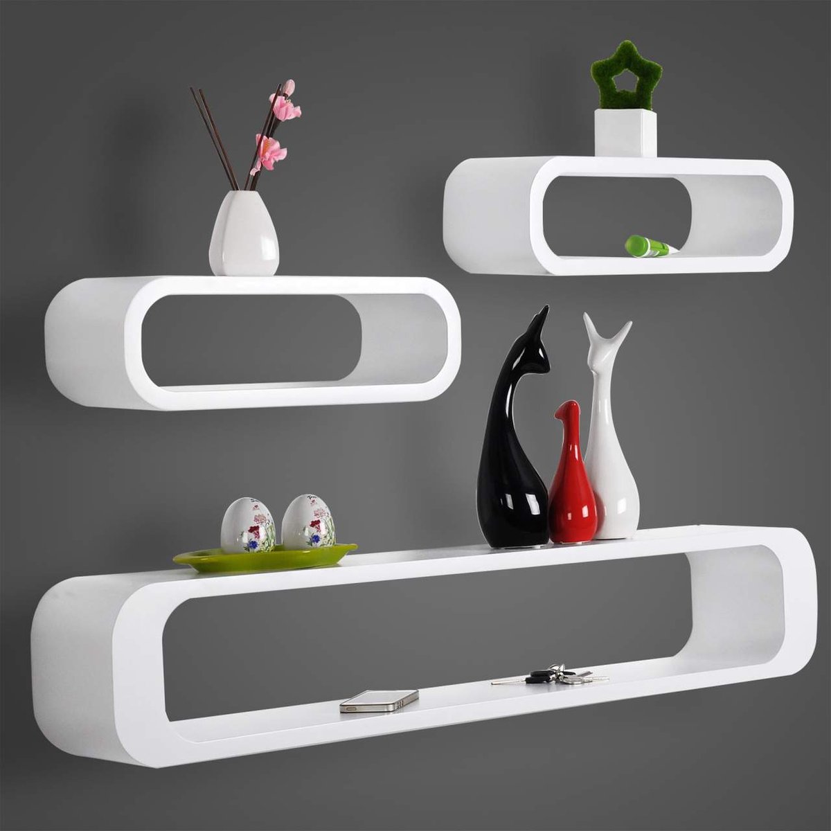 Wandplankenset - Zwevende planken - Displaylijsten - Duurzame MDF-constructie - Veelzijdig en stijlvol - Eenvoudige installatie - Groot: 95x17,5x16cm, Klein: elk 40x13x16cm