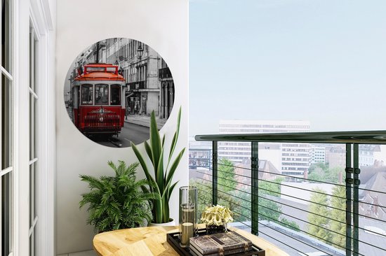 Tuincirkel Zwart-wit foto van een oude rode trein - 60x60 cm - Ronde Tuinposter - Buiten