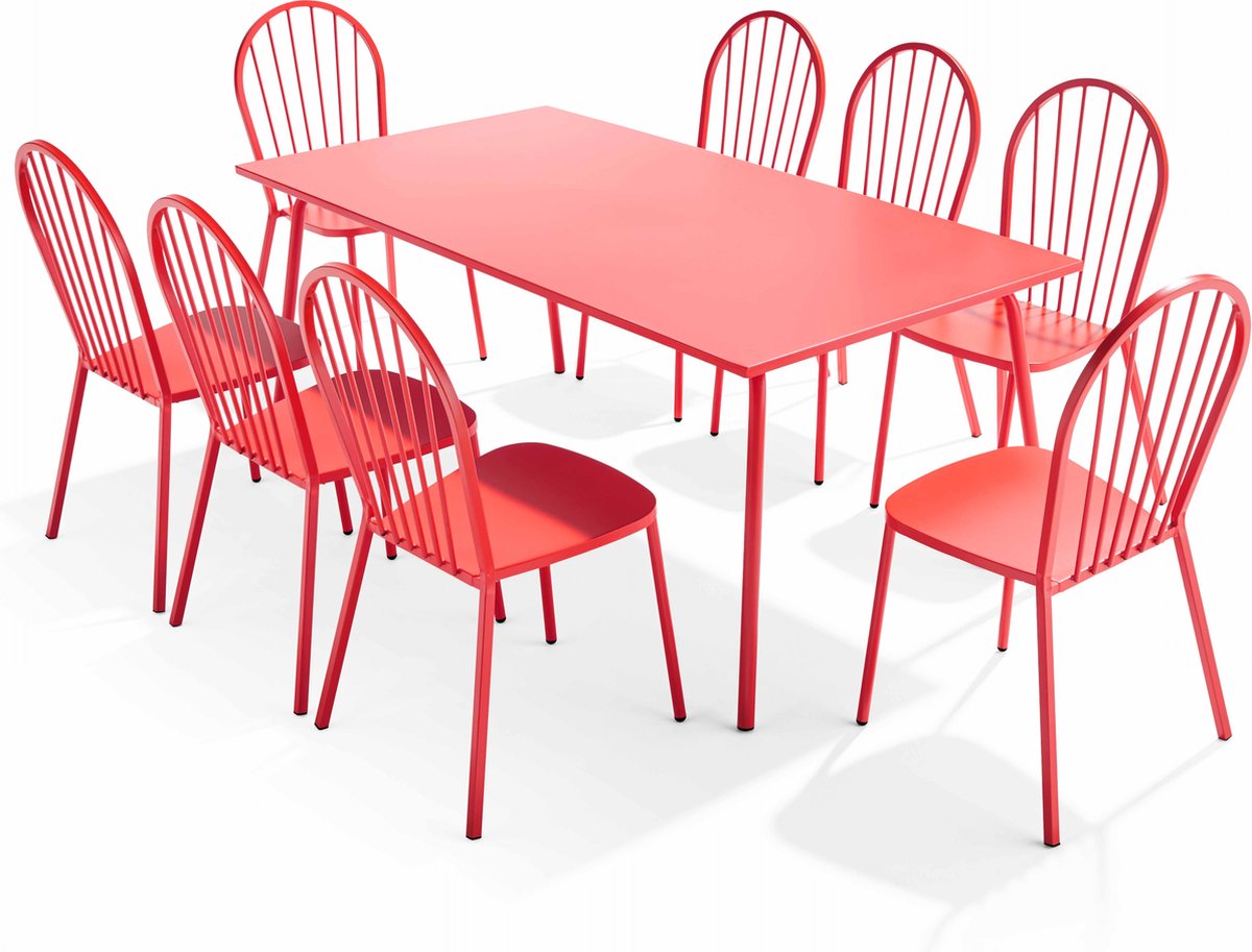 Oviala - Tuinset met tafel en 8 bistrostoelen in rood staal - Palavas