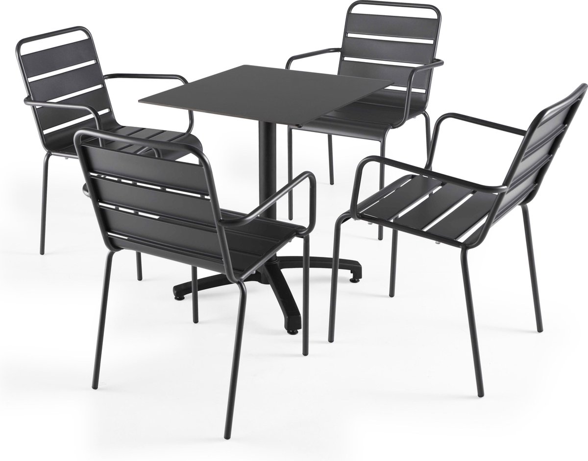 Oviala - Set van een zwarte gelamineerde tuinset en 4 grijze fauteuils