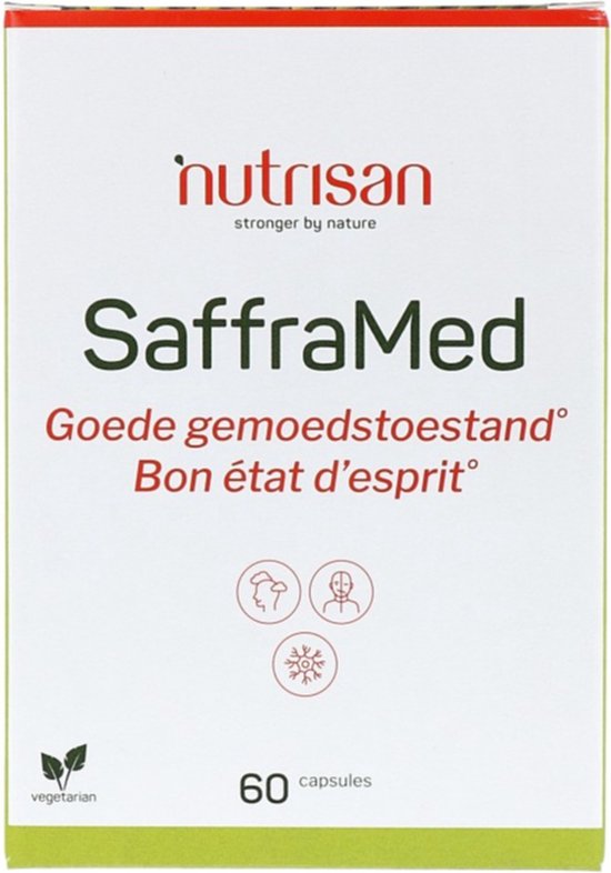 Verpakking van SaffraMed capsules met logo, productnaam, indicaties en vegetarisch icoon.