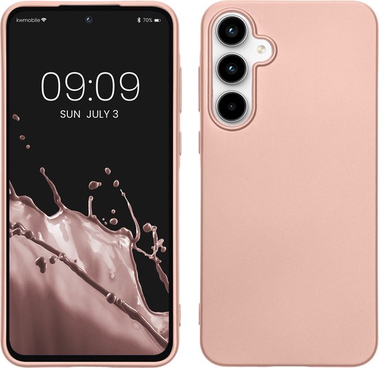 Vue avant et arrière d'une coque de téléphone rose doré avec un smartphone.