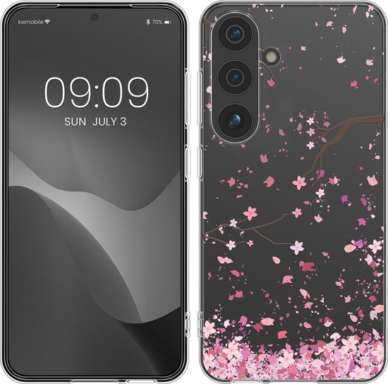 kwmobile telefoonhoesje geschikt voor Samsung Galaxy S24 - Hoesje voor smartphone in poederroze / donkerbruin / transparant - Kersenbloesembladeren design