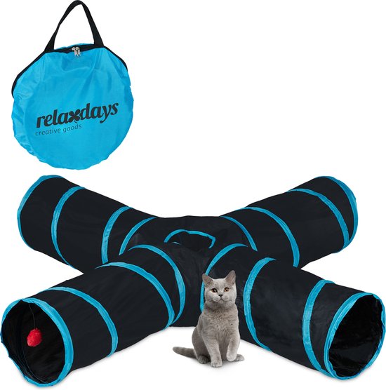 Relaxdays kattentunnel 4 gangen - opvouwbaar - speeltunnel katten - 130 cm lang - pop-up - Relaxdays