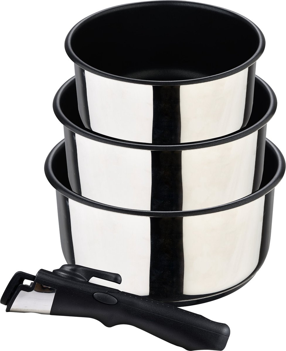 Bergner Click&Cook - 4-delige pannenset - Gemaakt van roestvrij staal en met antiaanbaklaag - Bevat 3 pannen van 16, 18 en 20 cm + Afneembare steel - Voor alle soorten kookplaten en ovens - Roestvrijstalen pannen