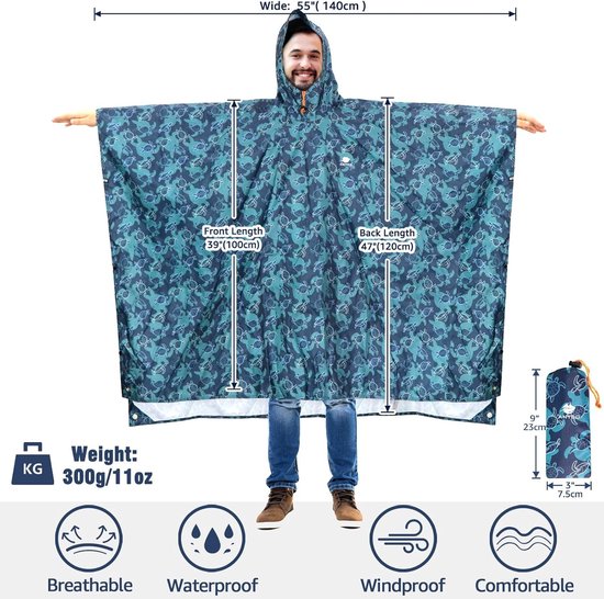 Regenponcho, waterdicht, met capuchon, multifunctionele regenjas, herbruikbare regenkleding, opvouwbare ripstop voor dames en heren, voor wandelen, jagen, kamperen, vissen, dagelijks gebruik, geel