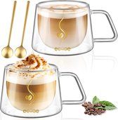 Dubbelwandige koffieglazen, 350 ml, latte macchiato-glazen, set van 2, borosilicaatglas, koffiekopjes, glas, dubbelwandig, koffieglas, theeglazen met handvat, lepel voor cappuccino, thee, ijs,
