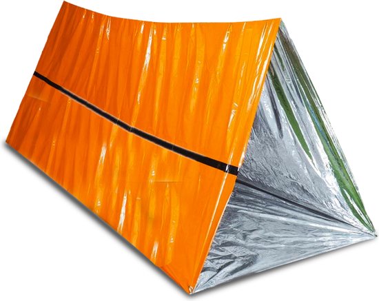 Oranje noodtent met zilveren binnenkant, zijaanzicht.