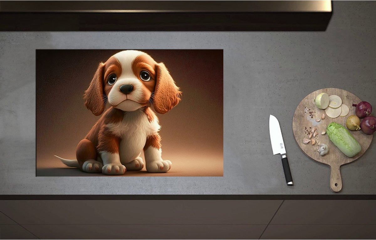Inductieplaat Beschermer - Aandoenlijke Bruin met Witte Puppy - 75x51 cm - 2 mm Dik - Inductie Beschermer - Bescherming Inductiekookplaat - Kookplaat Beschermer van Zwart Vinyl
