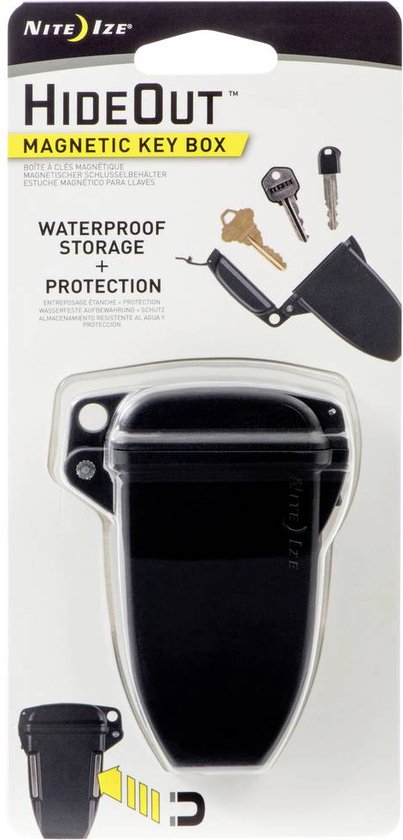 Verpakking van de Nite Ize HideOut magnetische sleutelbox, met de box en sleutels.