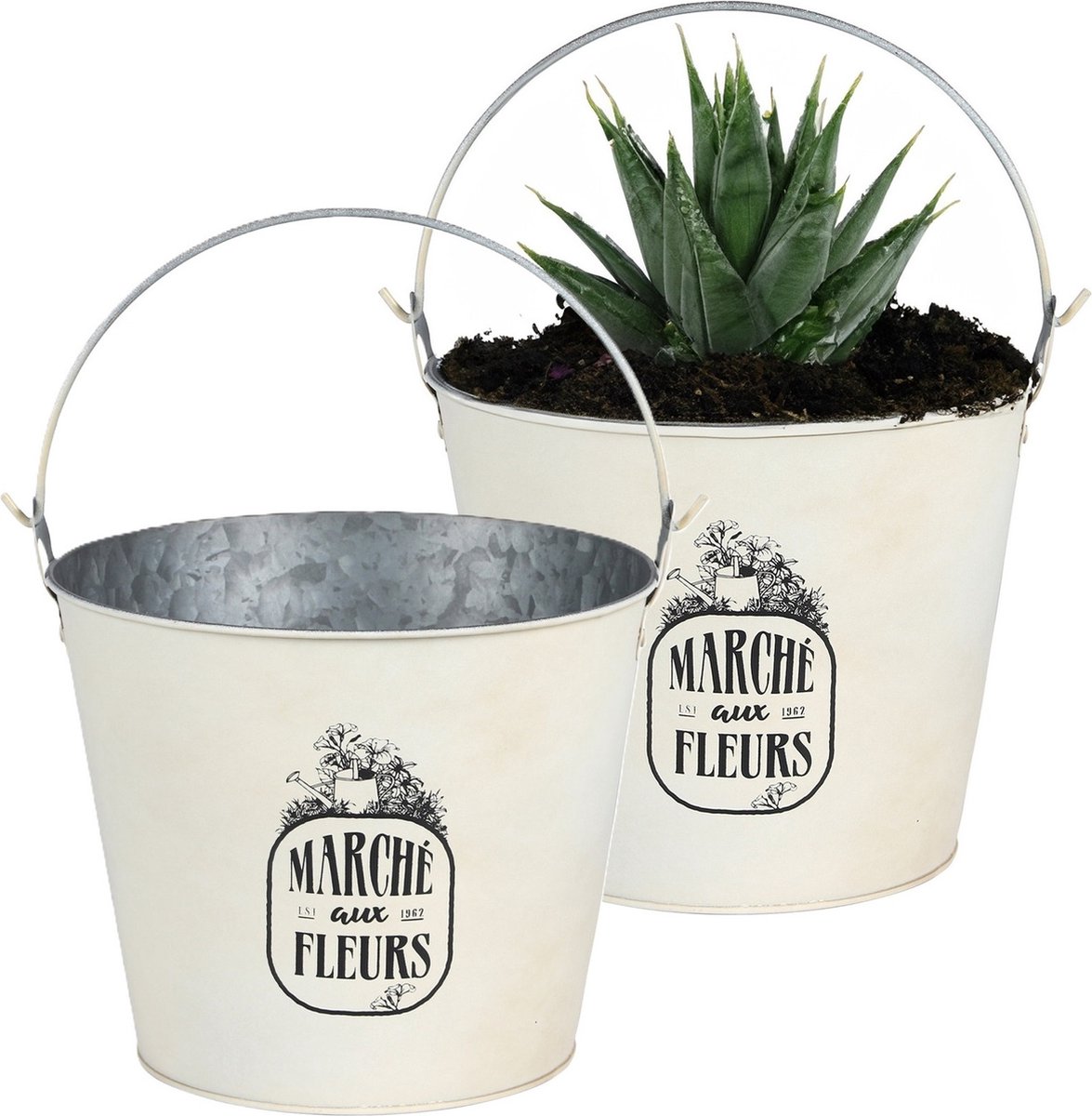 Goedkoopste Sunnydays Emmer/plantenpot/bloempot - 2x - zink - ivoorwit - D24 x H19 cm