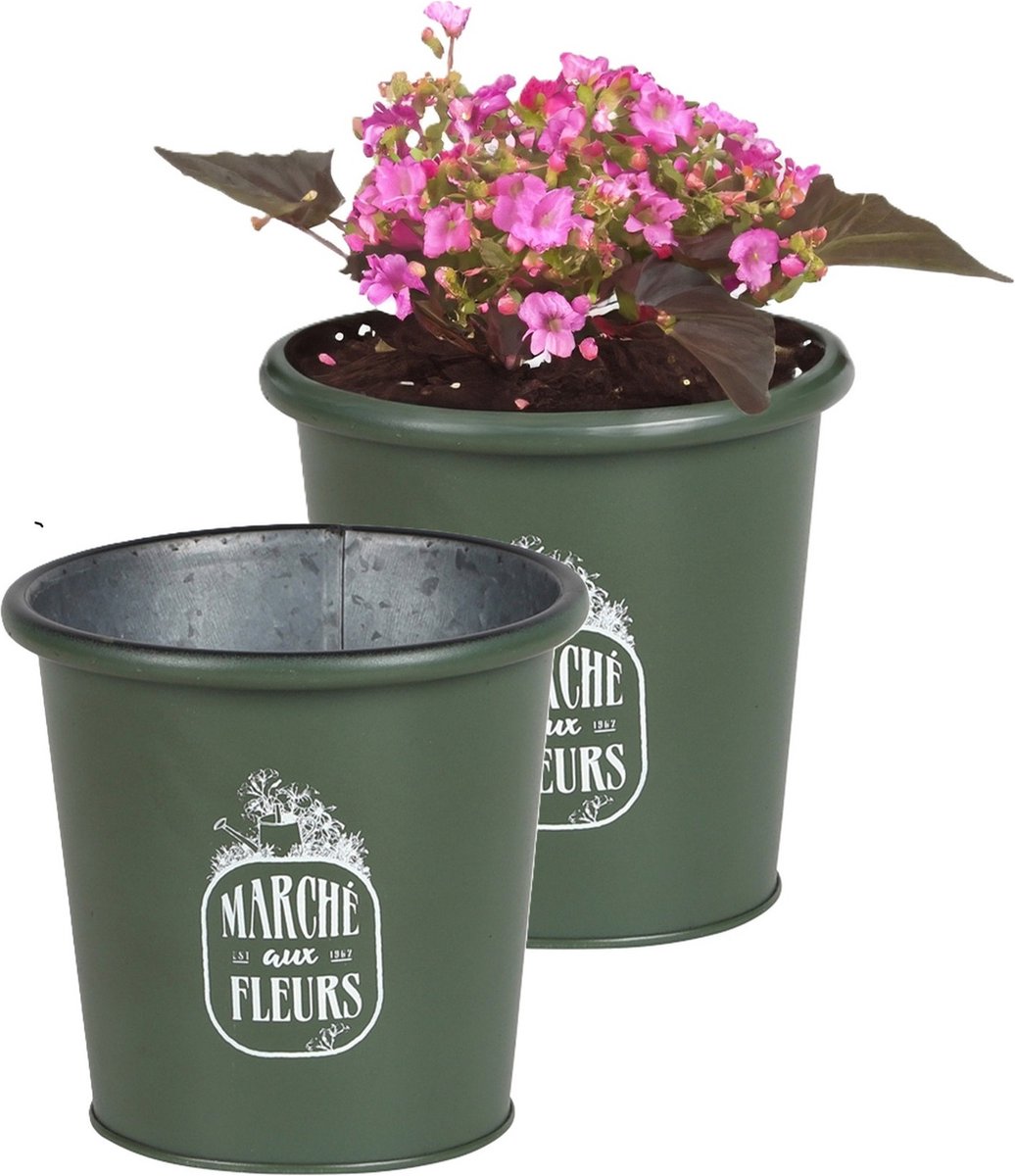 Goedkoopste Sunnydays /plantenpot/bloempot - 2x - zink - legergroen - D14 x H13 cm