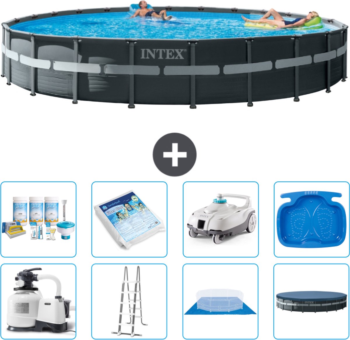 Intex Rond Ultra XTR Frame Zwembad - 732 x 132 cm - Inclusief Pomp - Ladder - Grondzeil - Afdekzeil Onderhoudspakket - Glasparels - Stofzuiger - Voetenbad