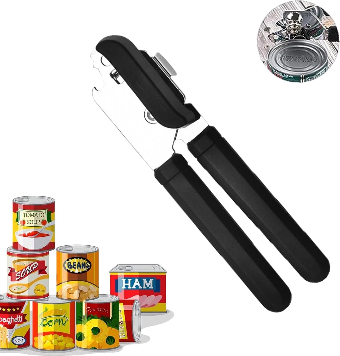 Handmatige blikopener 3-in-1 veiligheidsblikopener handmatige blikopener dekselopener flesopener handmatige buchopener van roestvrij staal met multifunctionele flesopener zwart