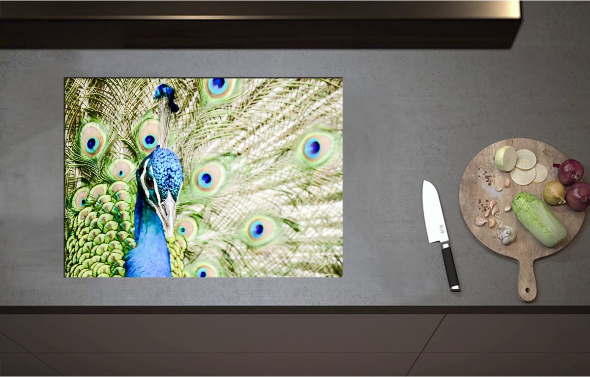 Inductieplaat Beschermer - Aankijkende Pauw met Deel van Opengeslagen Pauwenveren - 71x51 cm - 2 mm Dik - Inductie Beschermer - Bescherming Inductiekookplaat - Kookplaat Beschermer van Zwart Vinyl