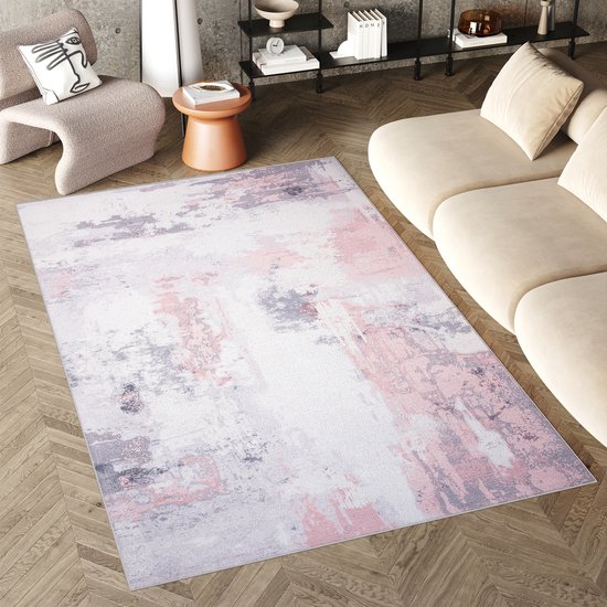 Tapiso Flannel Printed Vloerkleed Roze Modern Abstract Antislip Wasbaar Tapijt Maat- 160x230