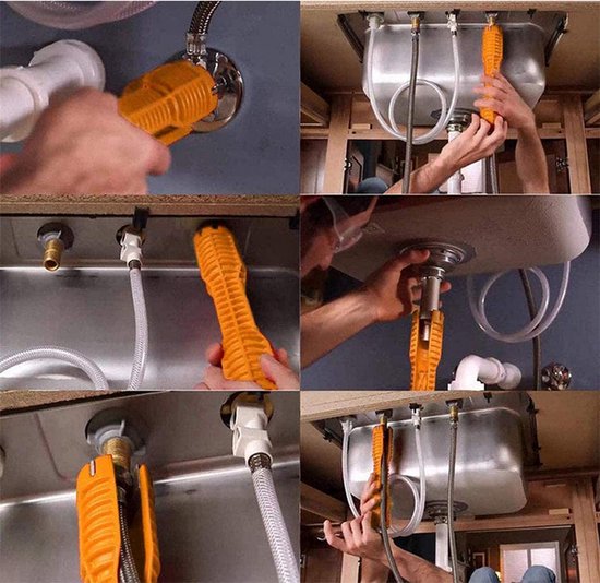 Collage van oranje kraansleutel in gebruik bij diverse installaties onder gootstenen.