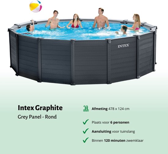 Intex Rond Graphite Gray Panel Zwembad - 478 x 124 cm - Inclusief Pomp - Ladder - Grondzeil - Afdekzeil Onderhoudspakket - Filterbollen - Stofzuiger