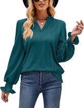ASTRADAVI Casual Chic - Jacquard Dames V-Hals Blouse - Stijlvolle Top met Geplooide Mouwen - Groen / Small