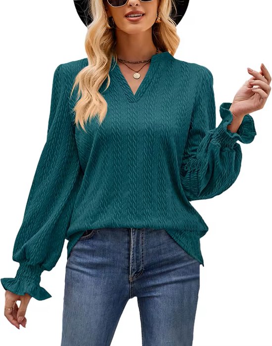 ASTRADAVI Casual Chic - Jacquard Dames V-Hals Blouse - Stijlvolle Top met Geplooide Mouwen - Groen / Small