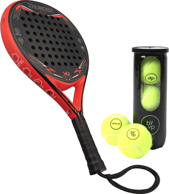 Padelracket Thunder 2.0 Padelracket Set - Inclusief 3 Padelballen - Padel Racket Rond - Druppelvorm - Zwart & Blauw - Voor Aanvallende Spelers - 3D Blad voor Extra Spin en Effect, Shock Absorption Core - Glasvezel en Carbon - Inclusief Polskoord