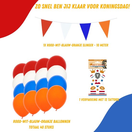 Rood-wit-blauw-oranje ballonnen, slingers en tattoos. Thema: Oranje, EK, WK, Koningsdag.